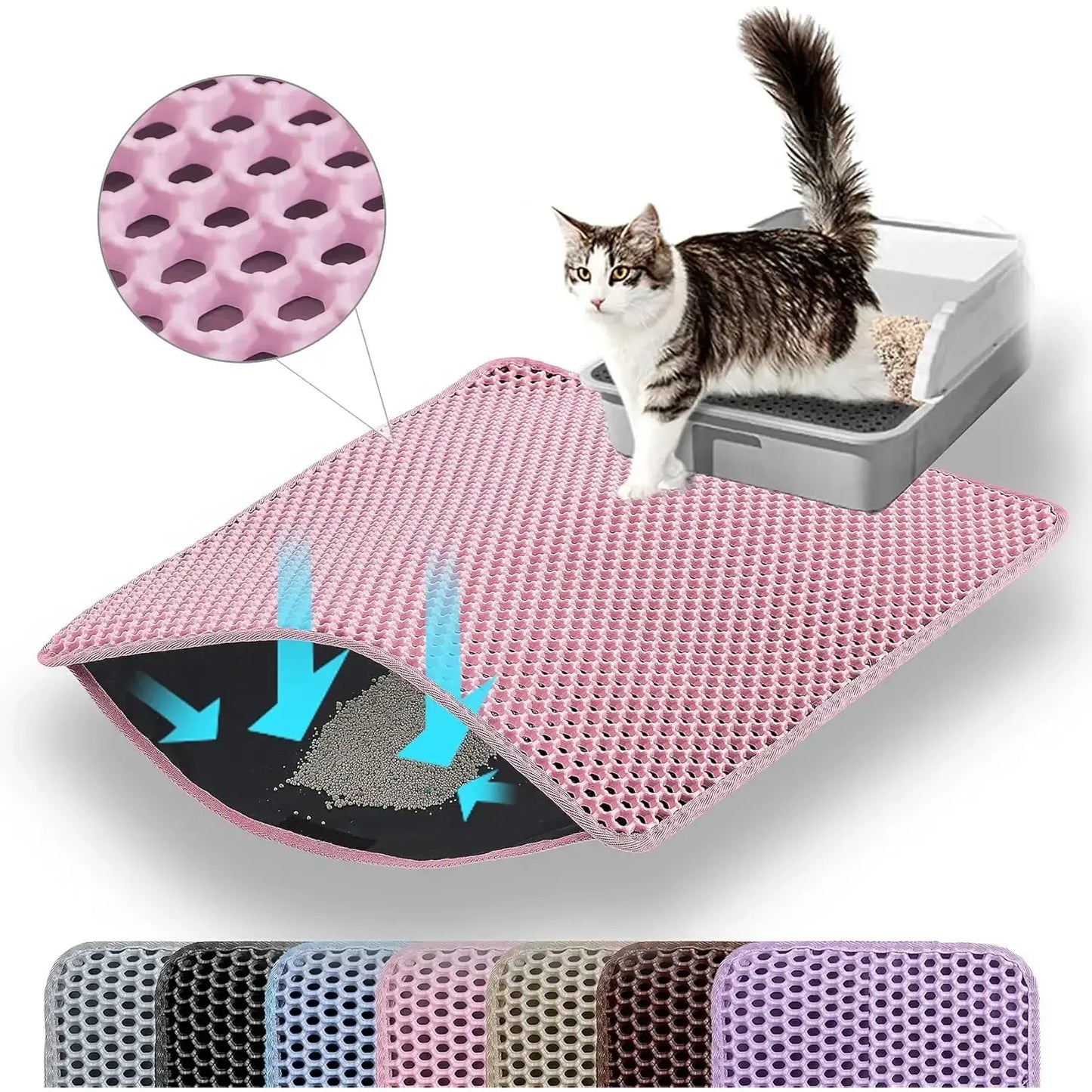 Large Double Layer Honeycomb Cat Litter Trapping Mat, 47x27 Inches, Non-Slip Waterproof and Urine-Proof Design, Ideal for Cat Litter Boxes, Pink