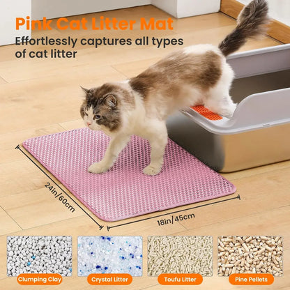 Large Double Layer Honeycomb Cat Litter Trapping Mat, 47x27 Inches, Non-Slip Waterproof and Urine-Proof Design, Ideal for Cat Litter Boxes, Pink
