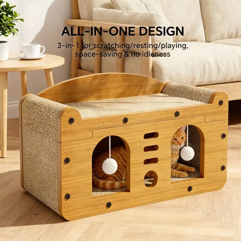56Cm Double Door Scratching House with 2 Teaser Balls - 3-in-1 Scratcher Bed Cave for Belgian Malinois and Multi-Pet Households - Breathable Elevated Cooling Gothic Coffin Large Foldable Crate