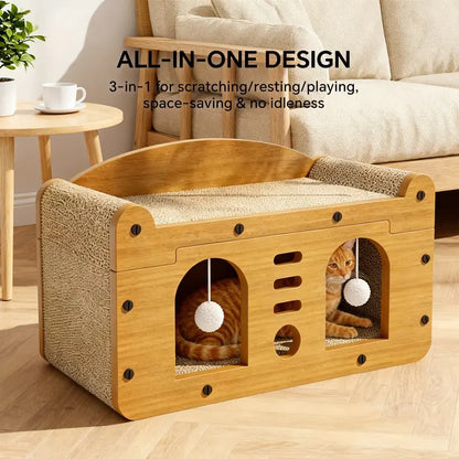 56Cm Double Door Scratching House with 2 Teaser Balls - 3-in-1 Scratcher Bed Cave for Belgian Malinois and Multi-Pet Households - Breathable Elevated Cooling Gothic Coffin Large Foldable Crate
