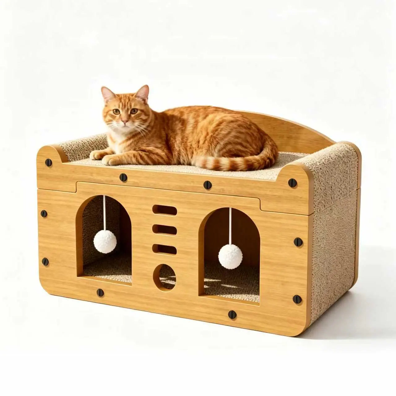 56Cm Double Door Scratching House with 2 Teaser Balls - 3-in-1 Scratcher Bed Cave for Belgian Malinois and Multi-Pet Households - Breathable Elevated Cooling Gothic Coffin Large Foldable Crate