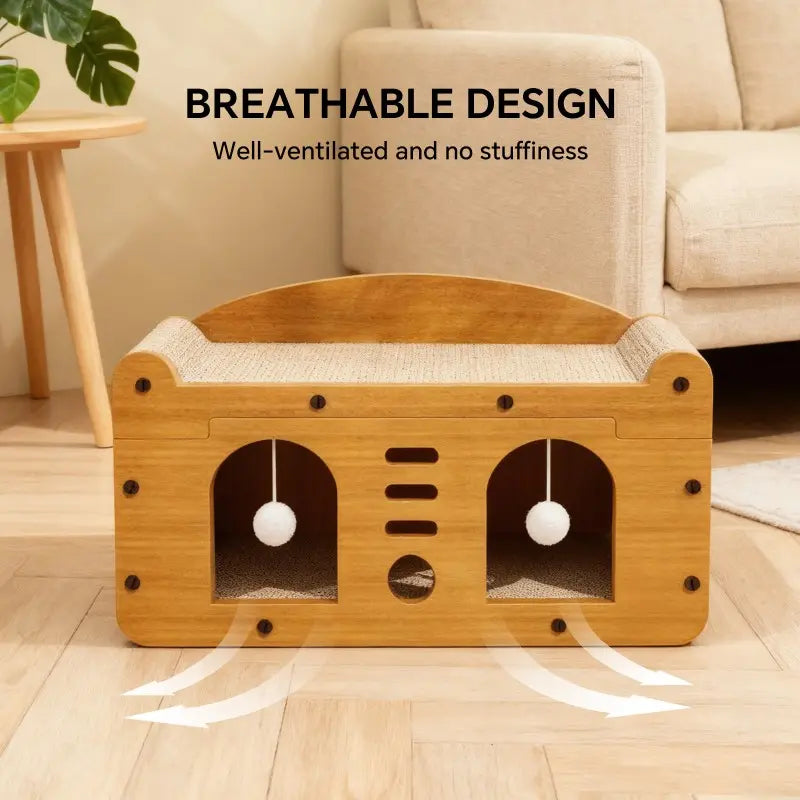 56Cm Double Door Scratching House with 2 Teaser Balls - 3-in-1 Scratcher Bed Cave for Belgian Malinois and Multi-Pet Households - Breathable Elevated Cooling Gothic Coffin Large Foldable Crate