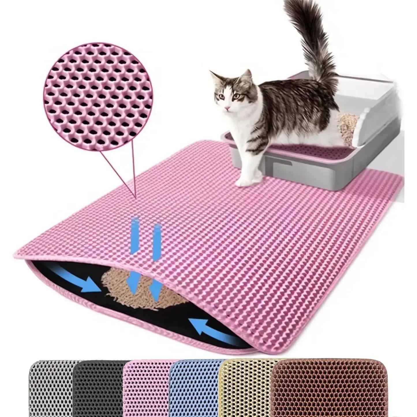 Large Double Layer Honeycomb Cat Litter Trapping Mat, 47x27 Inches, Non-Slip Waterproof and Urine-Proof Design, Ideal for Cat Litter Boxes, Pink