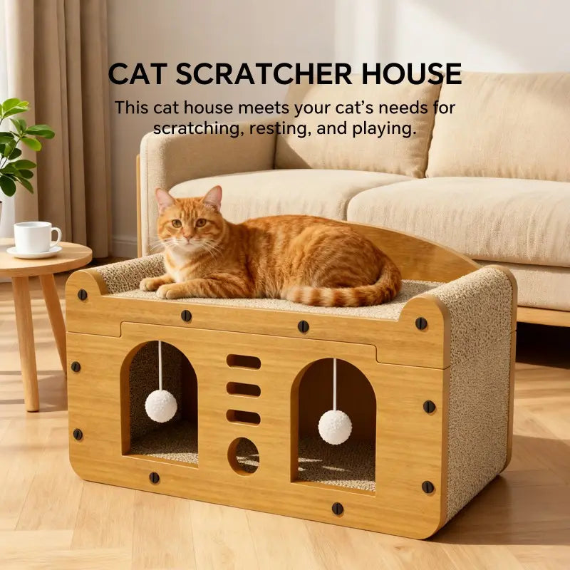 56Cm Double Door Scratching House with 2 Teaser Balls - 3-in-1 Scratcher Bed Cave for Belgian Malinois and Multi-Pet Households - Breathable Elevated Cooling Gothic Coffin Large Foldable Crate