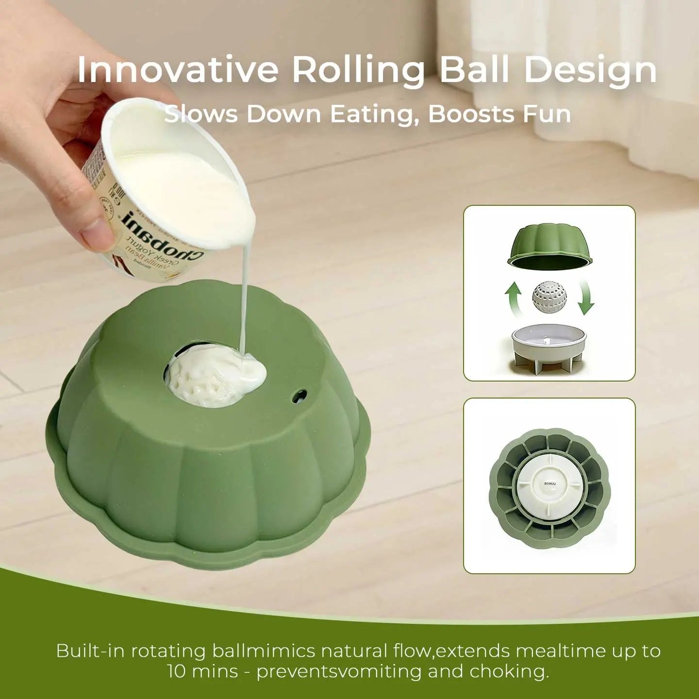 BOMUU Liquid Slow Feeder Dog Bowl with 360° Rotating Ball for Bone Broth and Yogurt, Engineered to Promote Slower Eating and Enhance Digestion, Compatible with All Dog Breeds