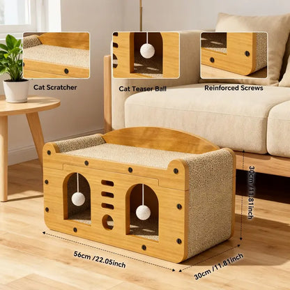 56Cm Double Door Scratching House with 2 Teaser Balls - 3-in-1 Scratcher Bed Cave for Belgian Malinois and Multi-Pet Households - Breathable Elevated Cooling Gothic Coffin Large Foldable Crate